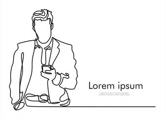 Continuous one line drawing of young businessman stand up and carrying smartphone on his hand isolated on white background. Business service excellence concept	