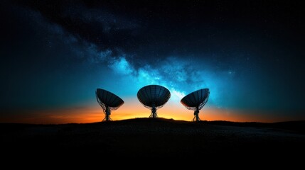 Three large satellite dishes are silhouetted against a dramatic sunset and starry night sky, creating a stunning scene of cosmic discovery and technological wonder.