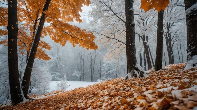 Camino nevado en un bosque con &aacute;rboles de hojas naranjas y nieve, capturando la transici&oacute;n entre oto&ntilde;o e invierno bajo una ligera niebla