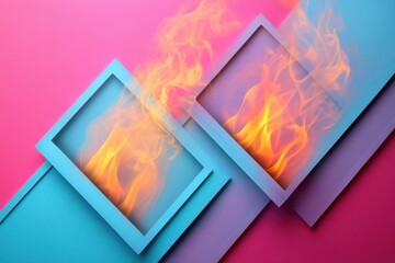 A vibrant abstract design featuring frames with flames against a colorful background.