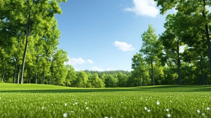 Fototapeta premium Lush green landscape with trees under a clear blue sky.