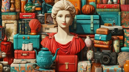 Bust of a Classical Figure Surrounded by an Eclectic Assembly of Vintage and New Items at a Crowded Flea Market Scene Filled with Colorful Merchandise