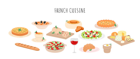 French cuisine set. Dishes and food. Ratatouille, foie gras, bouillabaisse, tarte tatin, creme brulee, salad nicoise, baguette, wine, croissant, onion soup, egg cocotte, cheese. Vector illustration © BonumArt