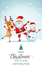 Merry christmas greeting vector design. Christmas greeting card with xmas characters like santa claus,  snowman and reindeer in snow winter background. Hoiday season vector illustration