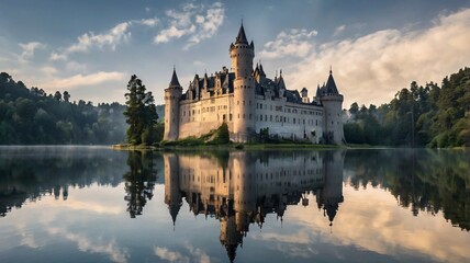 Obraz premium Majestic Castle at Dusk Reflecting on Tranquil Lake in Fairy Tale Scene V1