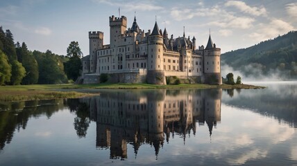 Obraz premium Majestic Castle at Dusk Reflecting on Tranquil Lake in Fairy Tale Scene V2