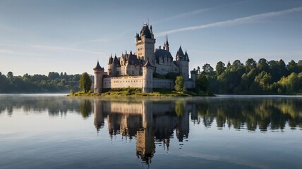 Majestic Castle at Dusk Reflecting on Tranquil Lake in Fairy Tale Scene V4