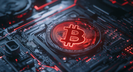 Glowing red bitcoin logo on an old-fashioned hard disk, surrounded by complex circuits and digital code. 