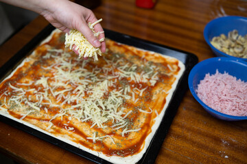 Close up of woman's hand adding cheese on pizza