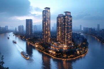Fototapeta premium A serene cityscape featuring modern skyscrapers illuminated at dusk, surrounded by water.