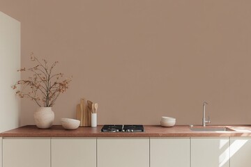 Minimalist kitchen with wooden elements. Mocha Mousse - color of the year 2025. Scandinavian interior design. Modern home decoration. House or apartment
