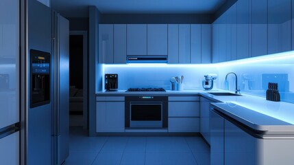 Modern Smart Kitchen with High-Tech Touchscreen Appliances and Ambient Lighting for an Elegant Cooking Experience