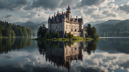 Obraz premium Majestic Castle at Dusk Reflecting on Tranquil Lake in Fairy Tale Scene V7