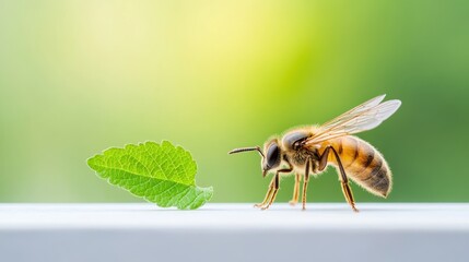 Fototapeta premium A close-up of a bee beside a green leaf on a blurred background.
