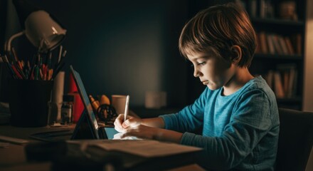 Fototapeta premium Caucasian young boy drawing on tablet in dimly lit room