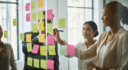 Diverse team collaborating around office whiteboard with sticky notes