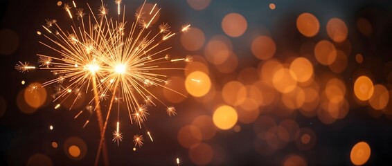 Fototapeta premium Golden sparklers burst against a bokeh background of warm lights, celebrating New Year's or Christmas