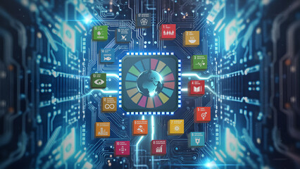 17 SDGs Global Goals Earth Digital Benefits circuit board Concept