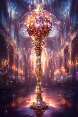 A stunning staff with vibrant crystals towers in a grand, softly lit hall filled with ethereal reflections