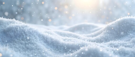 Close-up fluffy, glistening snow on a textured winter landscape. Winter's detailed snowy background