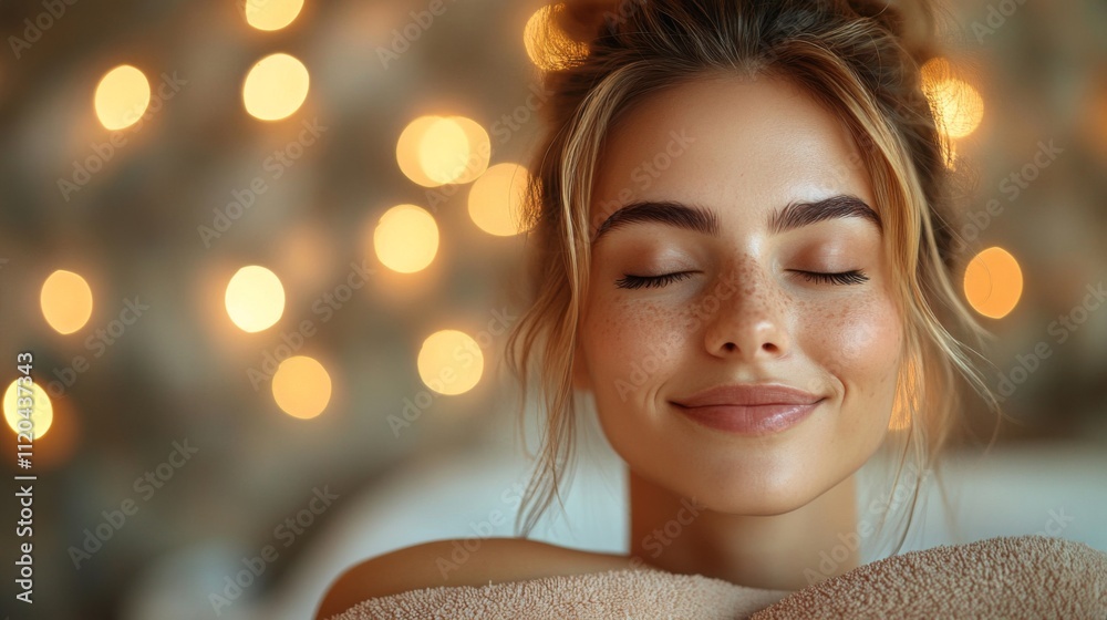 Poster A woman with a serene expression rests with closed eyes, surrounded by soft warm lights that create a calming atmosphere in the evening. She exudes peacefulness and contentment.