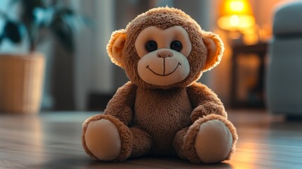 A cute monkey plush toy is placed on a wooden floor inside a cozy living room. Soft warm light fills the space, creating a comforting atmosphere in the evening.