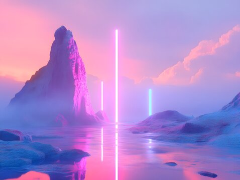 Abstract  landscapes with pink and blue neon