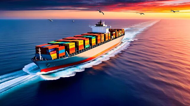 Cargo Ship Sailing at Sunset with Stacked Containers and Seagulls Over a Calm Ocean

