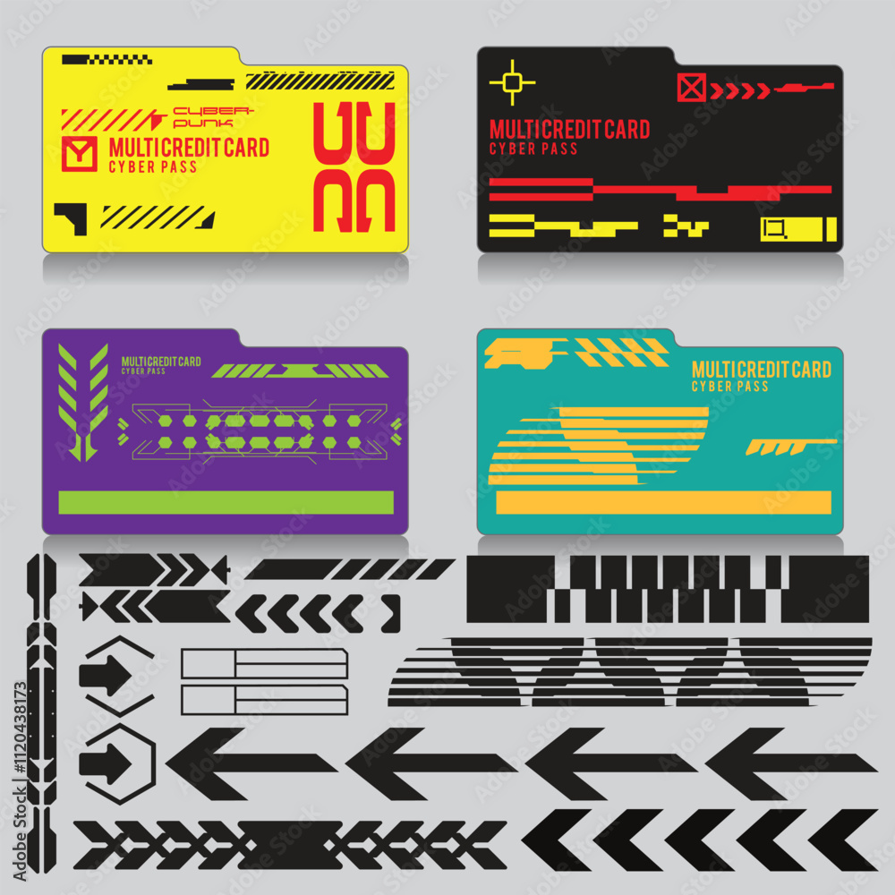 Poster cyberpunk scifi credit card banking set icon pattern hud ux ui set collection template, 2d illustrat