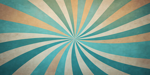 A vintage-style swirling sunburst background composed of teal blue, teal, and beige rays spiraling out in a retro pattern, a hypnotic and dynamic optical illusion, faded grungy texture