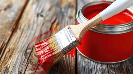 Bright red paint on brush beside open container on weathered wooden surface