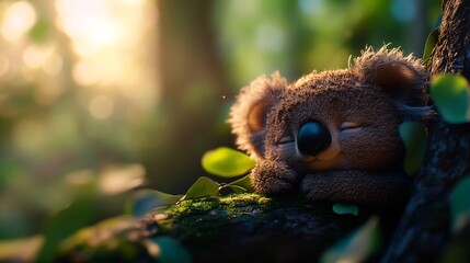 Obraz premium Adorable Koala Bear Sleeping Peacefully on a Tree Branch in the Australian Outback at Sunrise