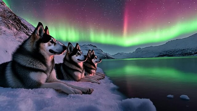 Beautiful northern lights illuminate huskies by the tranquil lake at night in stunning 4k resolution