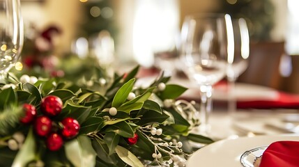 Closeup of a mistletoe wreath on a Christmas dining table.