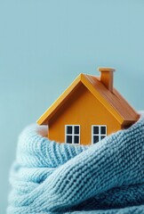 Cozy miniature house wrapped in a soft blue blanket for warmth and comfort