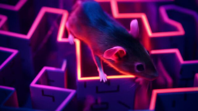 Curious mouse navigates neon maze under glow and exploration, rat playing in a maze concept