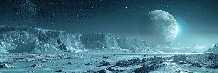 Expansive alien landscape with a massive moon and rugged ice formations at night
