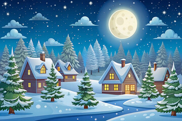 Snowy village at night with full moon, illuminated houses, and snow-covered evergreens along a river.