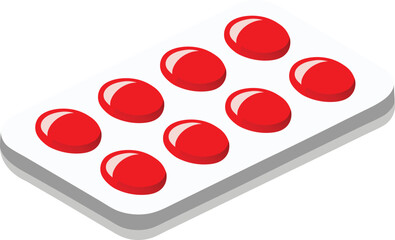 Red pill blister pack on a table pattern, Healthcare, medicine, pharmacy, OTC and prescription drugs concept. Flat vector illustration isolated on a white background