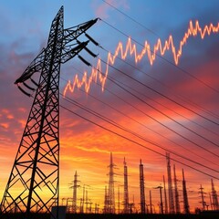 Electricity Towers Silhouetted Against a Breathtaking Sunset With Vibrant Colors and Dynamic Energy Waves, Illustrating the Power and Beauty of Nature and Technology