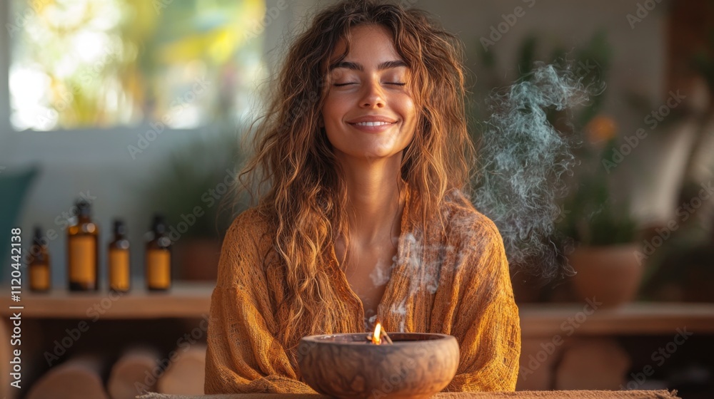 Poster a young woman enjoys a moment of calm while meditating in a warm, inviting space filled with natural