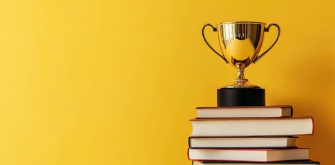 A stock photo of a golden trophy cup on top of a stack of books against a yellow background with copy space