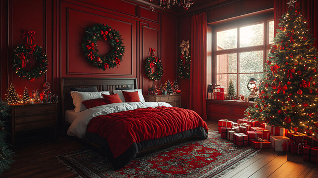 a beautifully decorated bedroom for Christmas, featuring a cozy bed, a large window, and multiple Christmas trees adorned with lights and ornaments. Gifts are scattered around the room