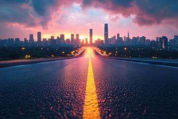 Obraz premium A vibrant city skyline at sunset with a road leading towards it.