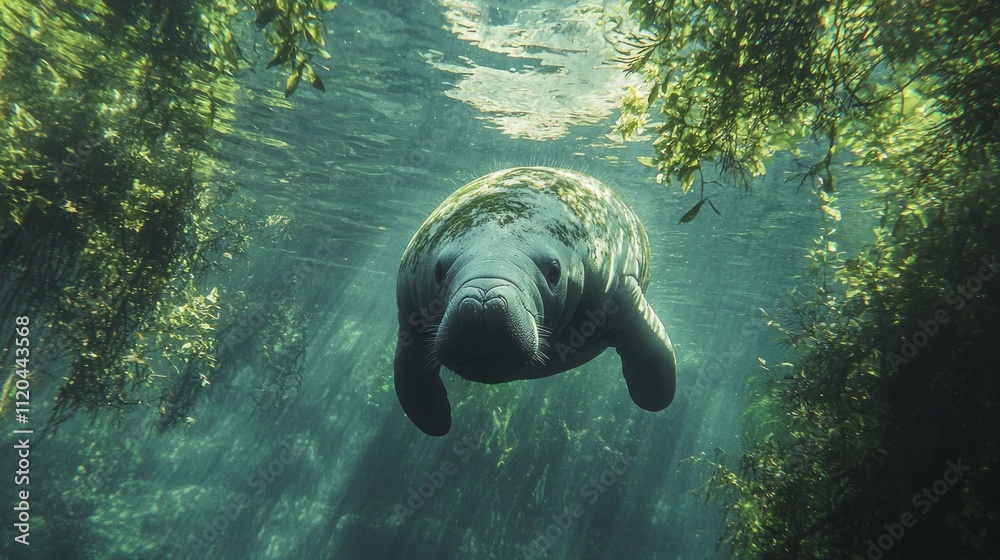 Poster a gentle west indian manatee swims effortlessly beneath the water, illuminated by soft rays of sunli
