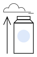 Milk carton with upward arrow and cloud. Ideal for dairy industry, growth, sustainability, eco-friendly packaging, cloud storage, environmental impact, educational materials. Line metaphor