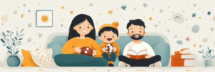 Fototapeta premium A family of three enjoying time together on a couch, with books and footballs. A warm, joyful atmosphere showcasing togetherness and casual leisure.