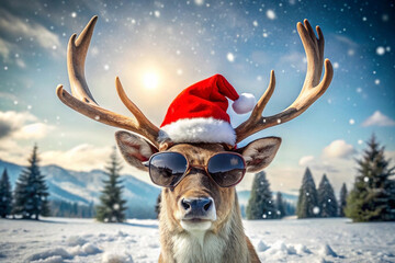 Cool reindeer wearing Santa hat and sunglasses in snowy mountains.