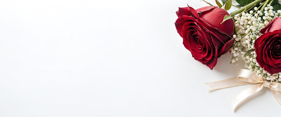 Red Roses and Baby's Breath on White Background. Flat lay of red roses and baby's breath flowers arranged on a white background with copy space.