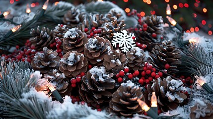 A pile of pinecones with snowflakes, surrounded by red berries and Christmas lights